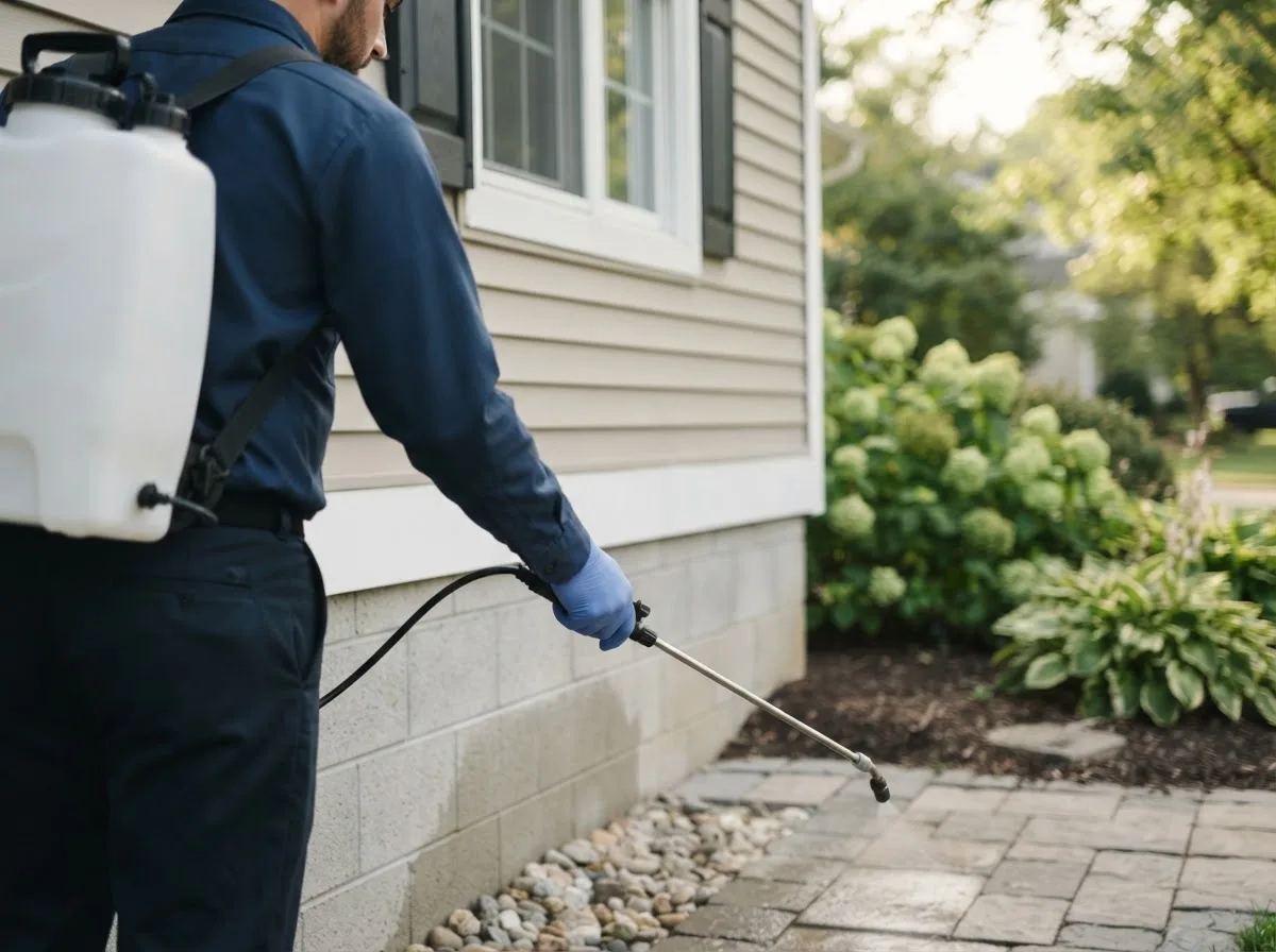 Pest control technician inspecting a home in Bouton, IA